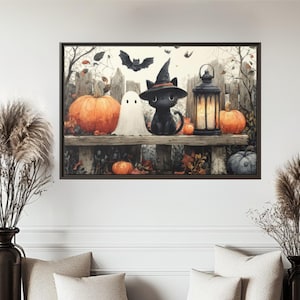 Gothic Halloween Canvas Print: Witch Cat, Ghost & Pumpkin Art