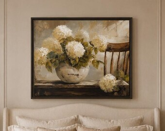 White Hydrangea Canvas Print: Farmhouse Cottage Floral Wall Art