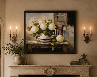 Romantic French Floral Canvas Print, Neutral Hydrangea Wall Decor, Vintage Cottagecore Artwork, Elegant Farmhouse Wall Art