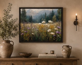 Wildflower Meadow Canvas Wall Art Mountain Landscape Print Neutral Cottagecore Decor Luxury Nature Artwork Framed Canvas