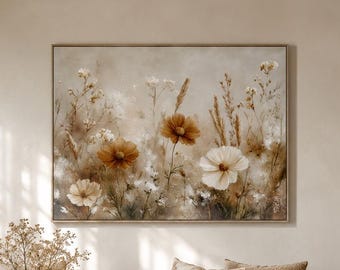 Beige Wildflower Canvas Print: Boho Botanical Wall Art