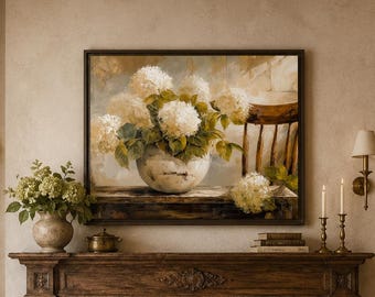 Hydrangea Canvas Print: White Flower Botanical Art, Farmhouse Decor