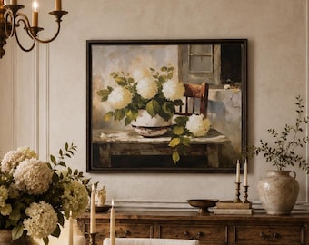 Vintage Hydrangea Canvas Wall Art, French Country Floral Print, Romantic Neutral Farmhouse Decor, Antique Botanical Wall Art