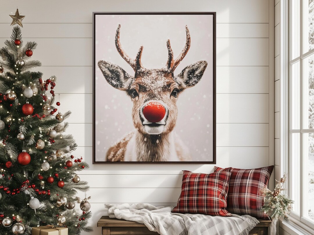 Rudolph Reindeer Portrait Framed Canvas Print Christmas Wall Art