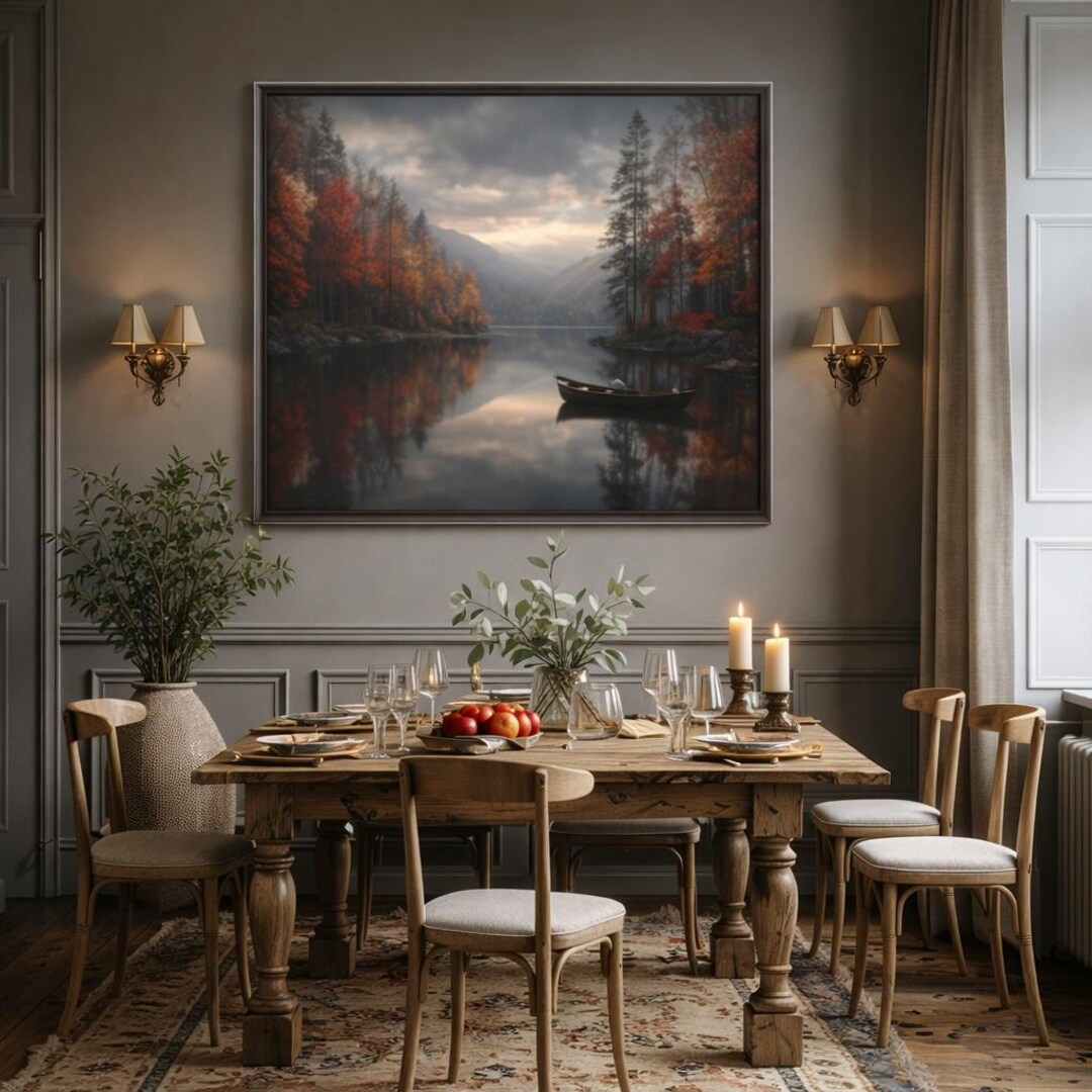 Autumn Lake Canvas Wall Art – Moody Landscape Print With Boat, Elegant ...