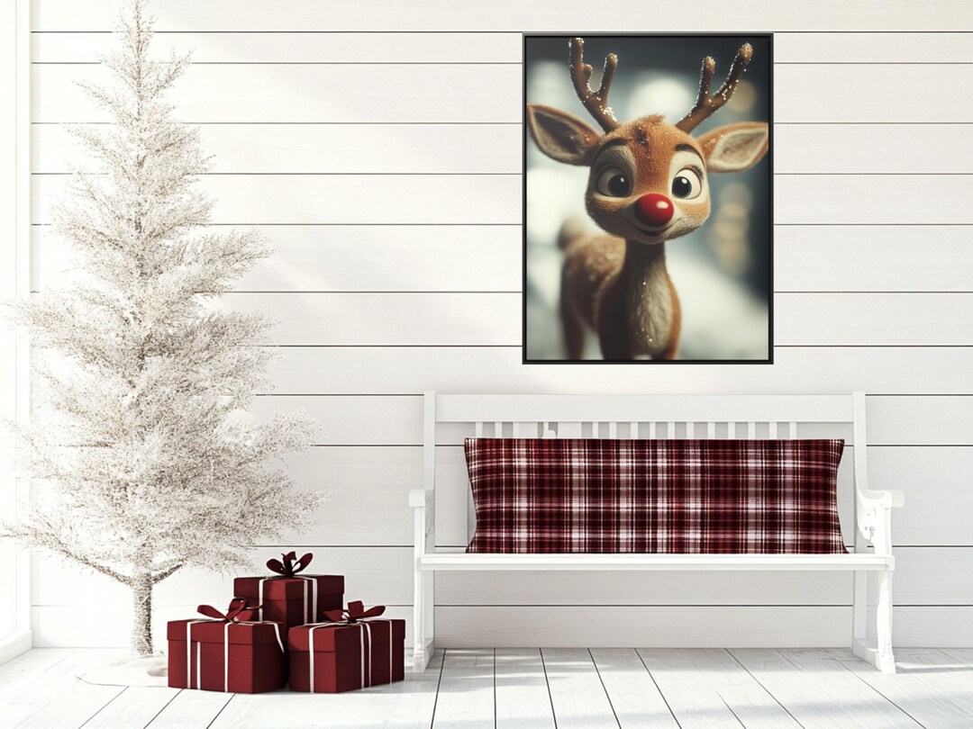 Rudolph Reindeer Portrait Framed Canvas Print Christmas Wall Art