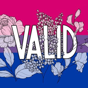 May include: A graphic design featuring the word "VALID" in white lettering against a background of the bisexual pride flag. The word is surrounded by stylised flowers in black and white.