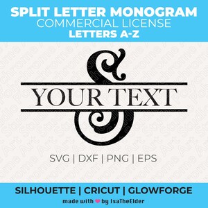 Könnte beinhalten: Ein schwarz-weißes geteiltes Buchstabenmonogramm-Design mit einem dekorativen Schwung. Das Design enthält den Text "YOUR TEXT" in einem schwarzen Rechteck. Der Text "SVG | DXF | PNG | EPS" befindet sich unter dem Monogramm. Der Text "SILHOUETTE | CRICUT | GLOWFORGE" befindet sich unter dem Text des Dateityps. Der Text "made with by IsaTheElder" befindet sich unter dem vorherigen Text.
