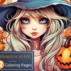 Halloween witch coloring book, 12 Premium halloween witch themed pages, A4 size sheets instant PDF download, grayscale ready to color, witch
