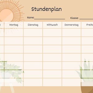 May include: A beige and brown printable classroom schedule template with the German word "Stundenplan" at the top. The template has spaces for "Name", "Klasse", "Zeit", "Montag", "Dienstag", "Mittwoch", "Donnerstag", and "Freitag".