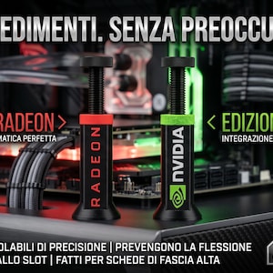 May include: Two adjustable GPU support stands, one black with red accents and the text RADEON, and one black with green accents and the text NVIDIA. Both feature a threaded vertical post with a circular top and base, designed for computer hardware.