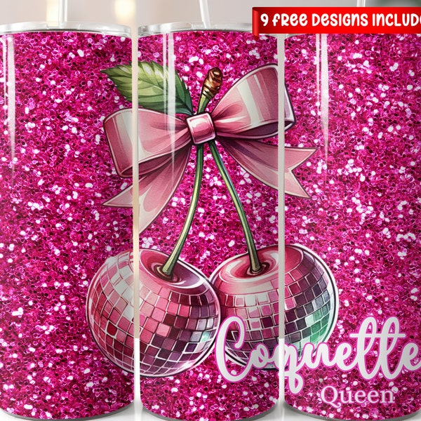 Coquette Queen Glitter Disco Cherries Tumbler Wrap Cute Cherry Sublimation Seamless Design Instant Digital Download Bow PNG Trendy Tumbler