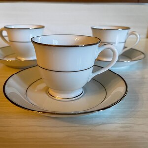 Vintage Set of 3 White with Silver Trim Cups and Saucers, Noritake Japan