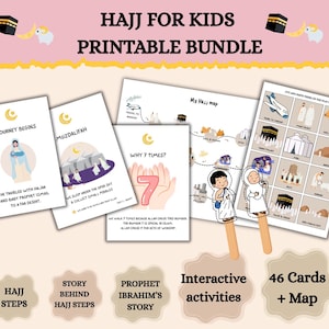 May include: A children's printable Hajj bundle with illustrated cards and interactive activities. The bundle includes cards with text such as "A Journey Begins" and "Muzdalifah", a map, and 46 cards. The title "Hajj for Kids Printable Bundle" is displayed.