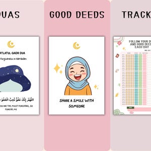 May include: Three white cards with text and illustrations. The first card says "DUAS" and features a night sky illustration. The second card says "GOOD DEEDS" with a smiling cartoon girl. The third card is a tracker.