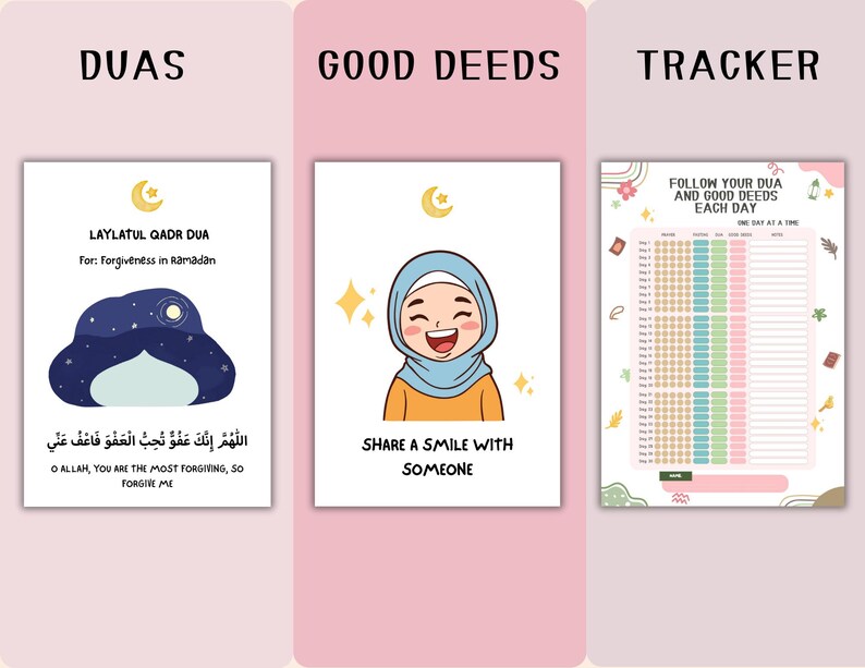 May include: Three white cards with text and illustrations. The first card says "DUAS" and features a night sky illustration. The second card says "GOOD DEEDS" with a smiling cartoon girl. The third card is a tracker.