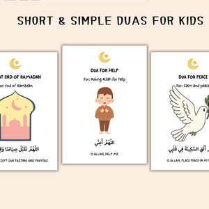 May include: Three illustrated cards with text in English and Arabic. The cards are titled "Dua at End of Ramadan", "Dua for Help", and "Dua for Peace". Each card features a different illustration, including a mosque, a child, and a dove.