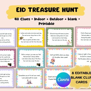 以下が含まれることがあります： 屋内と屋外で使用できる、印刷可能なEID宝探しゲーム。40個のヒントが含まれています。画像には、なぞなぞとイラストが描かれたカラフルなヒントカードが表示され、カスタマイズ用の8枚の空白カードが含まれています。「EID TREASURE HUNT」というテキストが目立つように表示されています。