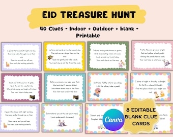 Eid Treasure Hunt Printable | 40 Indoor & Outdoor Riddle Clues + Blank Editable Cards | Eid Party games | Eid al Fitr Activity