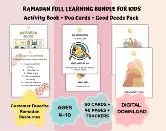 Ramadan Learning Bundle for Kids 4-10 | Islamic Activity Book, Dua Cards & Good Deeds Cards Pack | Muslim Printable Worksheets PDF