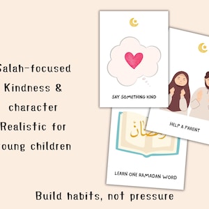 May include: White cards with illustrations and text, including a cloud with a heart, a couple, and an open book. Text includes "Say Something Kind," "Help a Parent," and "Learn One Ramadan Word." The cards are designed to build habits.