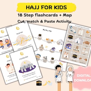 Puede incluir: Material educativo para niños sobre el Hajj, que incluye tarjetas didácticas, un mapa y hojas de actividades. El título "HAJJ FOR KIDS" se muestra en una pancarta amarilla. Los materiales presentan ilustraciones y texto sobre la peregrinación.