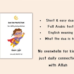 May include: A white card with the text "DUA FOR PROTECTION" and "For: Safety and protection." A cartoon superhero with a cape and mask is featured. The card also includes Arabic text and the English translation "O ALLAH, PROTECT US."