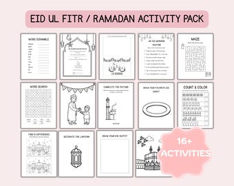 Eid Activity book | Eid Coloring Book for Kids Printable PDF | 30 Colorable Islamic Pages, I Spy, Word Games, Eid Certificate & Card