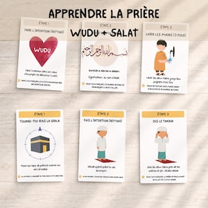 Op de afbeelding: Zes educatieve kaarten met de titel APPRENDRE LA PRIÈRE WUDU + SALAT. De kaarten bevatten illustraties en Franse tekst die de stappen voor Wudu en Salat uitleggen, inclusief een rood hart, Arabische kalligrafie en figuren die rituelen uitvoeren.