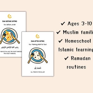 May include: Two white cards with illustrations of food and utensils. The cards read "DUA BEFORE EATING" and "DUA AFTER EATING" with Arabic text and English translations. The image also includes text about ages 3-10, Muslim families, and Islamic learning.