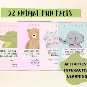 Tarjetas didácticas con datos y actividades divertidas sobre animales para niños / 52 tarjetas interactivas de animales / Educación en casa y en el aula / Descarga instantánea