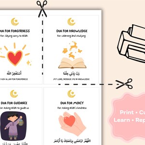 May include: Four printable cards with Islamic prayers, each featuring a different theme: forgiveness, knowledge, guidance, and mercy. Each card has a title, an English translation, and Arabic script. The image includes a printer and scissors, suggesting a DIY learning activity.