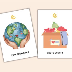 May include: Two illustrated cards with a light beige background. One card shows a smiling Earth held in hands, with the text "PRAY FOR OTHERS". The other card depicts a donation box filled with clothes and shoes, with the text "GIVE TO CHARITY".