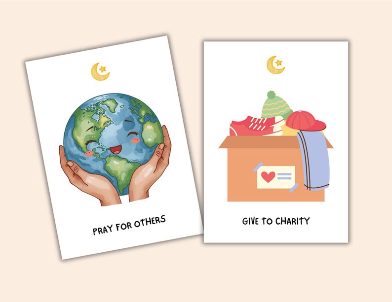 May include: Two illustrated cards with a light beige background. One card shows a smiling Earth held in hands, with the text "PRAY FOR OTHERS". The other card depicts a donation box filled with clothes and shoes, with the text "GIVE TO CHARITY".