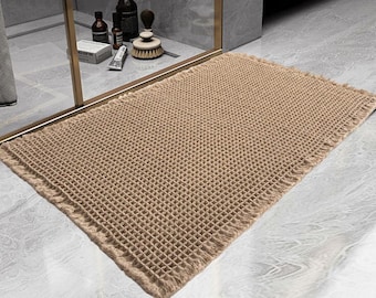 SHIMOH Waffle Bath Mat, Super Absorbent Non-Slip Bath Mat For Bathroom Floor, Machine Washable Bathroom Rugs With Tassels, Rubber Backed