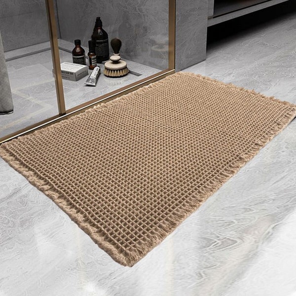 SHIMOH Waffle Bath Mat, Super Absorbent Non-Slip Bath Mat For Bathroom Floor, Machine Washable Bathroom Rugs With Tassels, Rubber Backed