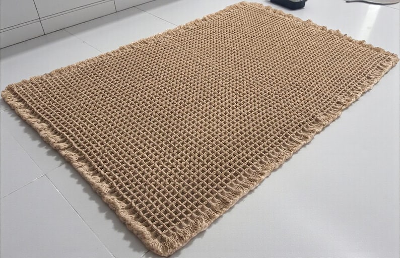 SHIMOH Wafel Badmat, Superabsorberende Antislip Badmat voor Badkamervloer, Machinewasbare Badkamermat met Kwastjes, Rubberen Achterkant afbeelding 11