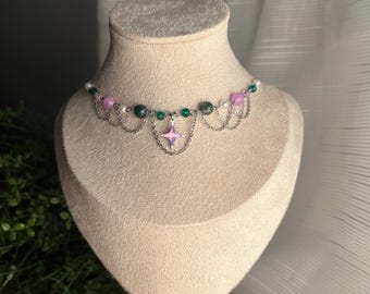 Aurora’s Grace: Stainless Steel Necklace, Handmade, Star Pendant, Celestial Beaded Chain