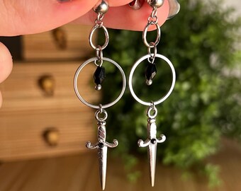 Dark Knight Earrings: Stainless Steel, Handmade, dagger, sword, goth