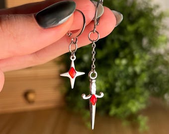 Blood Moon Earrings: Stainless Steel, Handmade, star, sword, alt