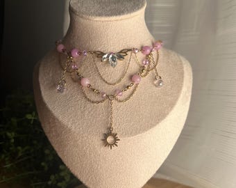 Rapunzel inspired Necklace: Stainless Steel, Handmade, Princess, Sun Tiara Pink, Disney Inspired Jewelry