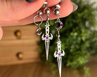 Midnight Dragon Earrings: Stainless Steel, Handmade, dragon, goth, sword