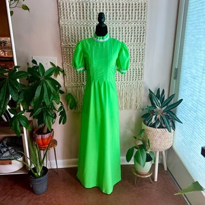 1970s Vintage Lime Green Maxi Dress Retro 70s Vintage Dress Prairie Dress Puffy Sleeves