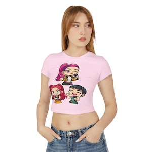 KPOP Demon Hunter Chibi Women's Baby Tee - Rumi, Mira, Zoey Design, KPOP Fan Shirt, Cute Kpop Tee, Demon Hunter Fan Apparel, KPOP Chibi Tee