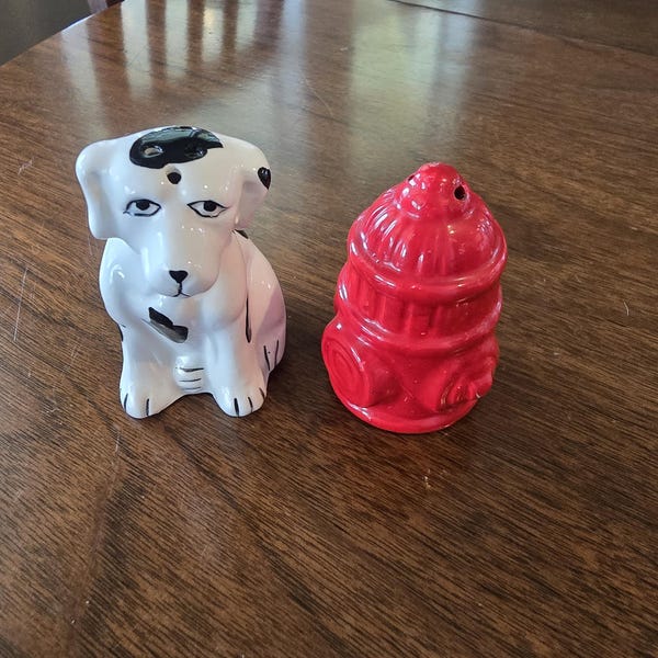 Vintage Dalmatian and fire hydrant Salt and Pepper Shakers