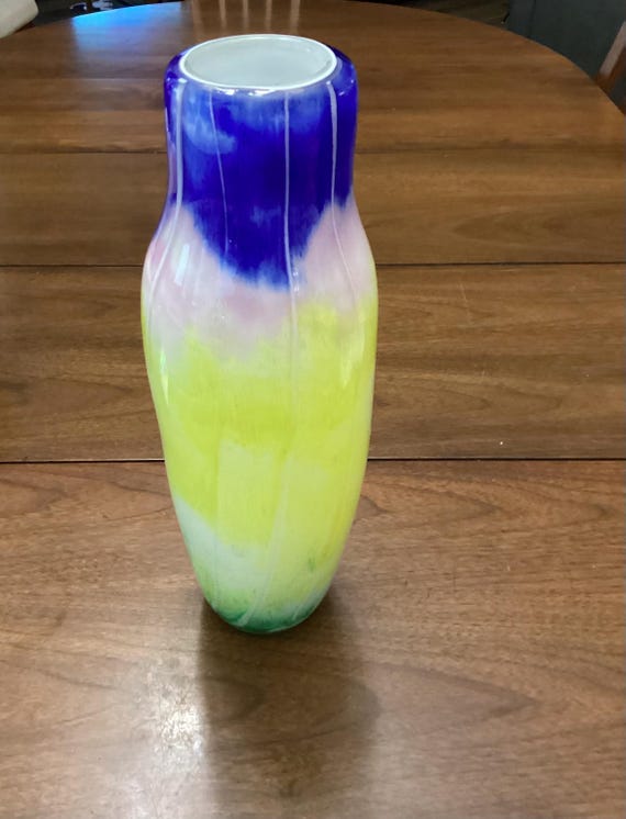 イタリア製アートガラス花瓶 - 黄色、白、青、緑の明るい色合い