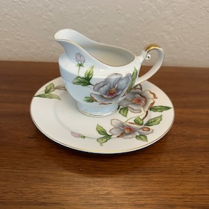 Roselyn China Japan Creamer Blue Dogwood Flower Gold Trim and 7” plate