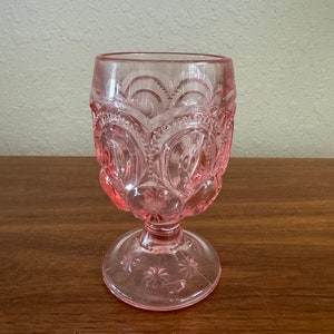 L E Smith Pink Moon and Stars Water Goblet Pink Depression Glass
