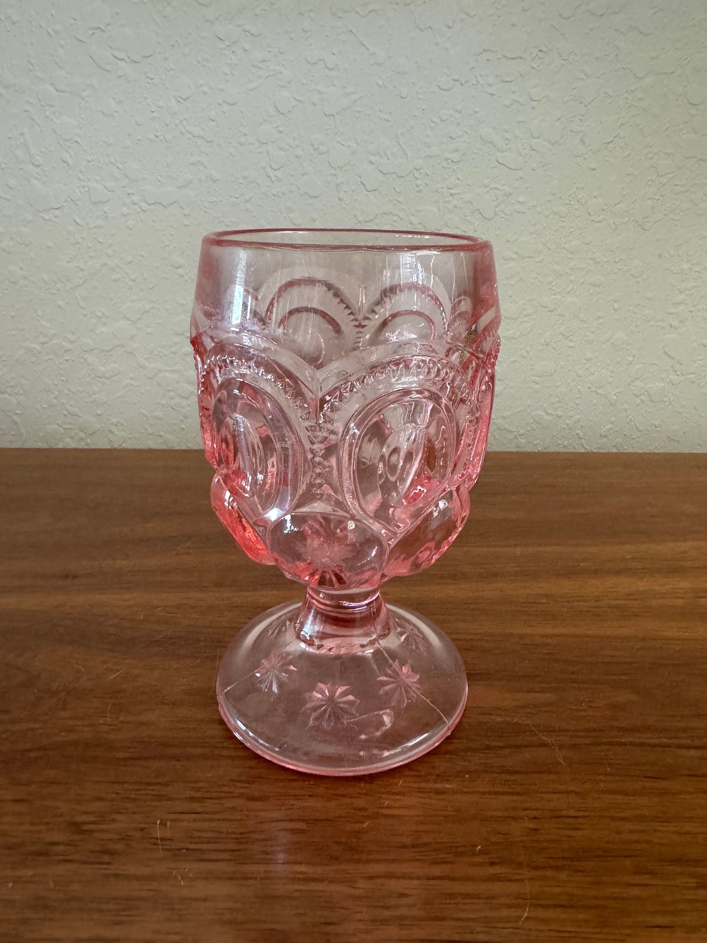 L E Smith Pink Moon and Stars Water Goblet Pink Depression Glass