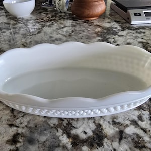 Vintage Westmoreland English Hobnail Milk Glass Oval Dish, likely used as a pickle or celery dish